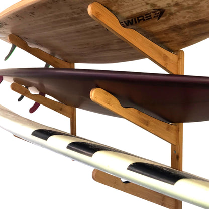 Triple Surfboard Wall Rack | Bamboo Rack Perfect for Surf, Wakeboards, Snowboards, Skateboards