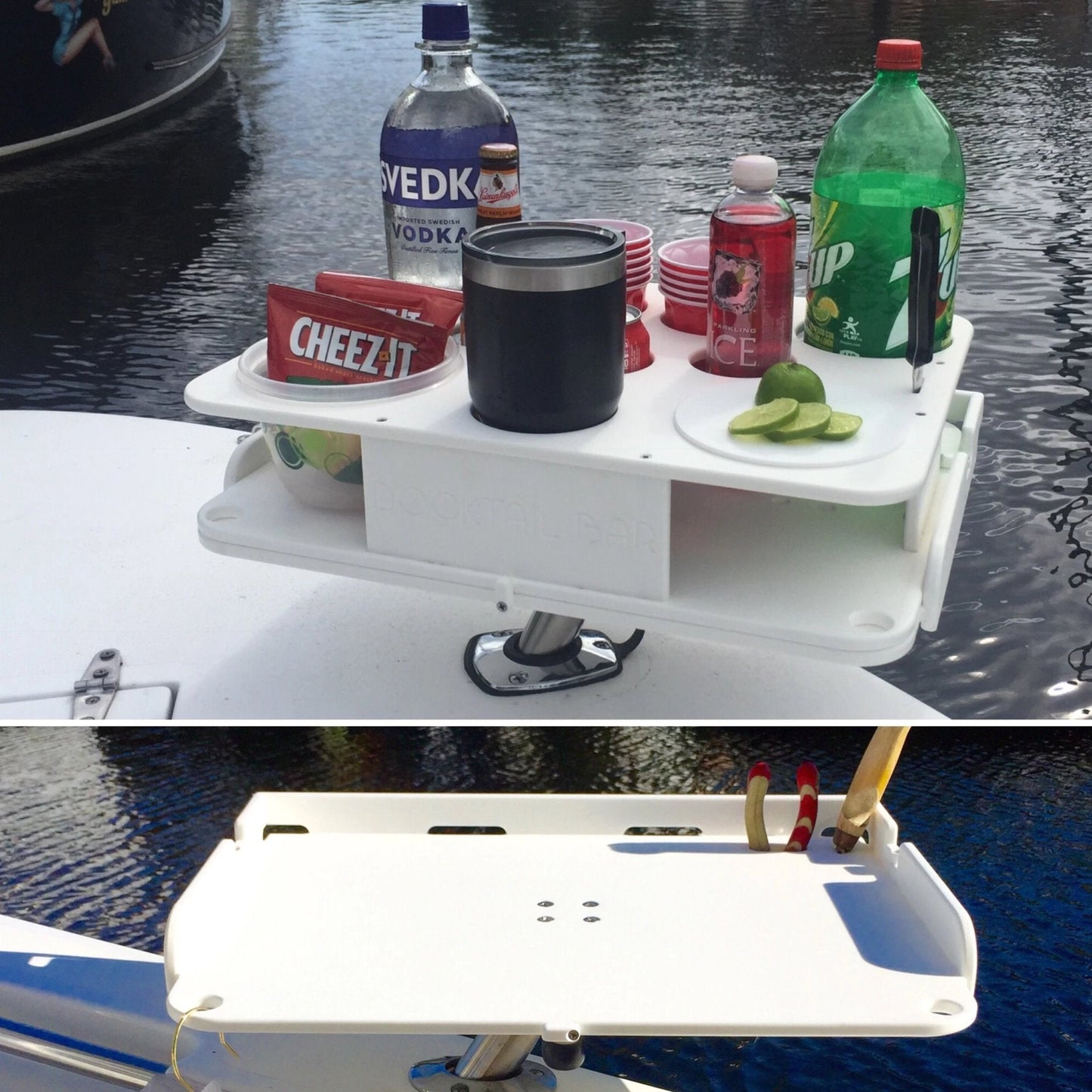 The Docktail Boat Table Caddy plus Bait Table Includes All Angle Adjustable Rod Holder Mount - Choose Your Color