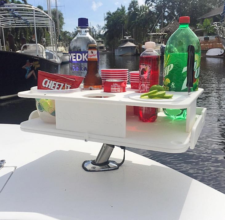 The Docktail Boat Table Caddy plus Bait Table Includes All Angle Adjustable Rod Holder Mount - Choose Your Color