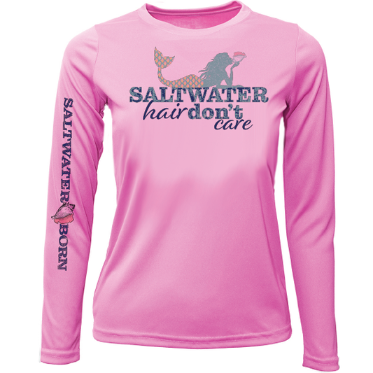 Key West, FL "Saltwater Hair...Don't Care" Girl's Long Sleeve UPF 50+ Dry-Fit Shirt