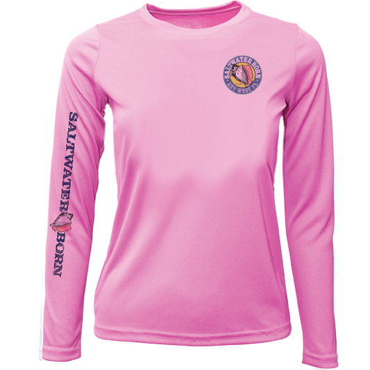 Key West, FL Saltwater Born Circle Logo Girl's Long Sleeve UPF 50+ Dry-Fit Shirt