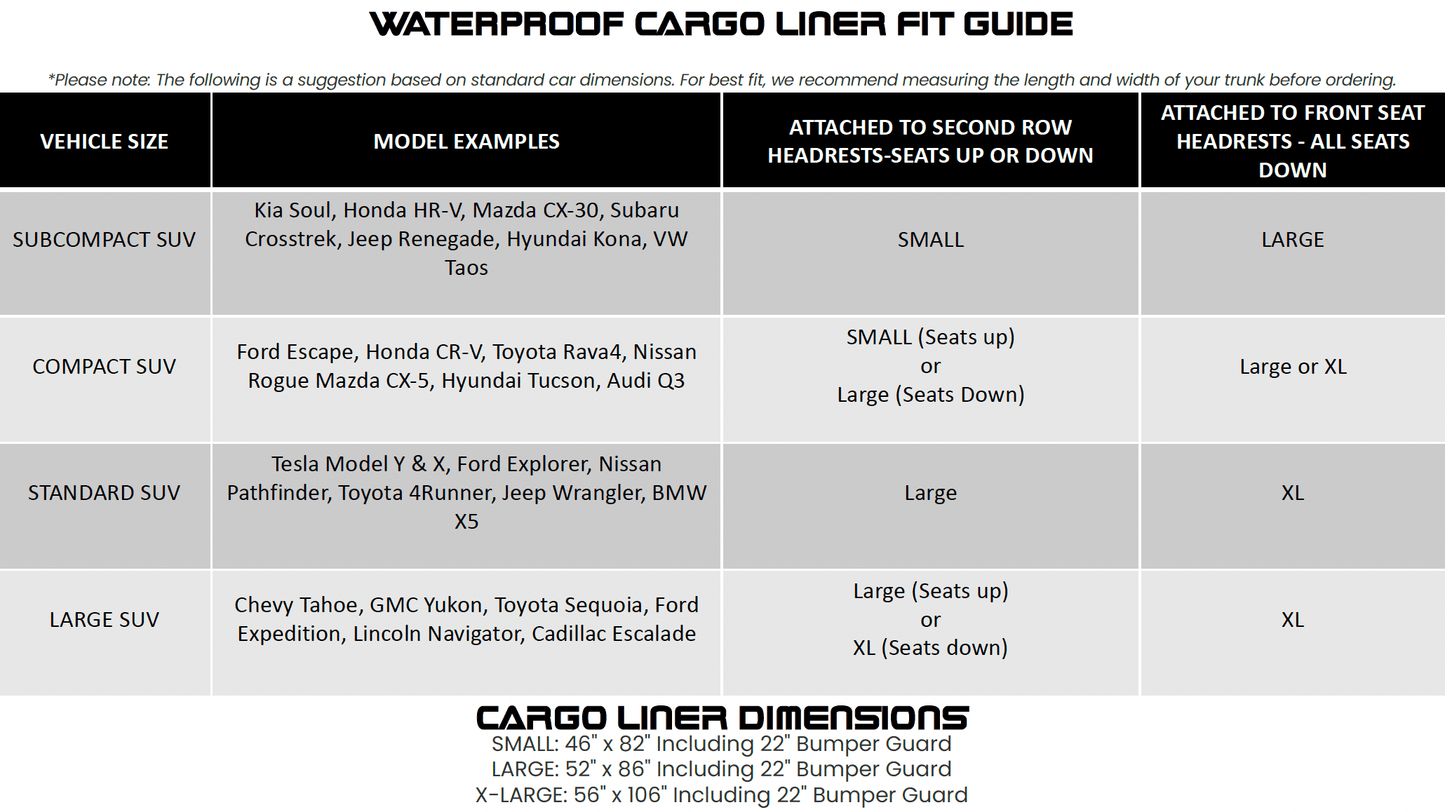 WATERPROOF SUV Cargo Liner for fold down 60/40 divided seats with pass-through option