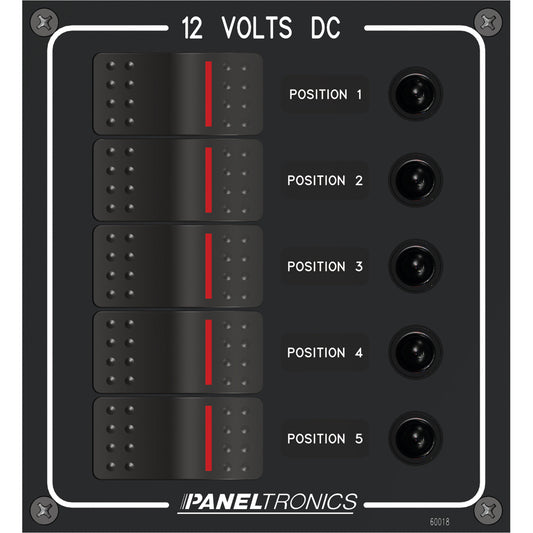 Paneltronics Waterproof Panel - DC 5-Position Illuminated Rocker Switch & Circuit Breaker | SendIt Sailing