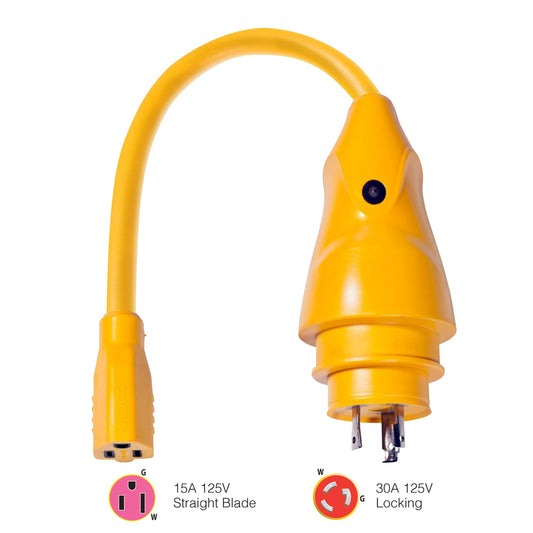 Marinco P30-15 EEL 15A-125V Female to 30A-125V Male Pigtail Adapter - Yellow | SendIt Sailing