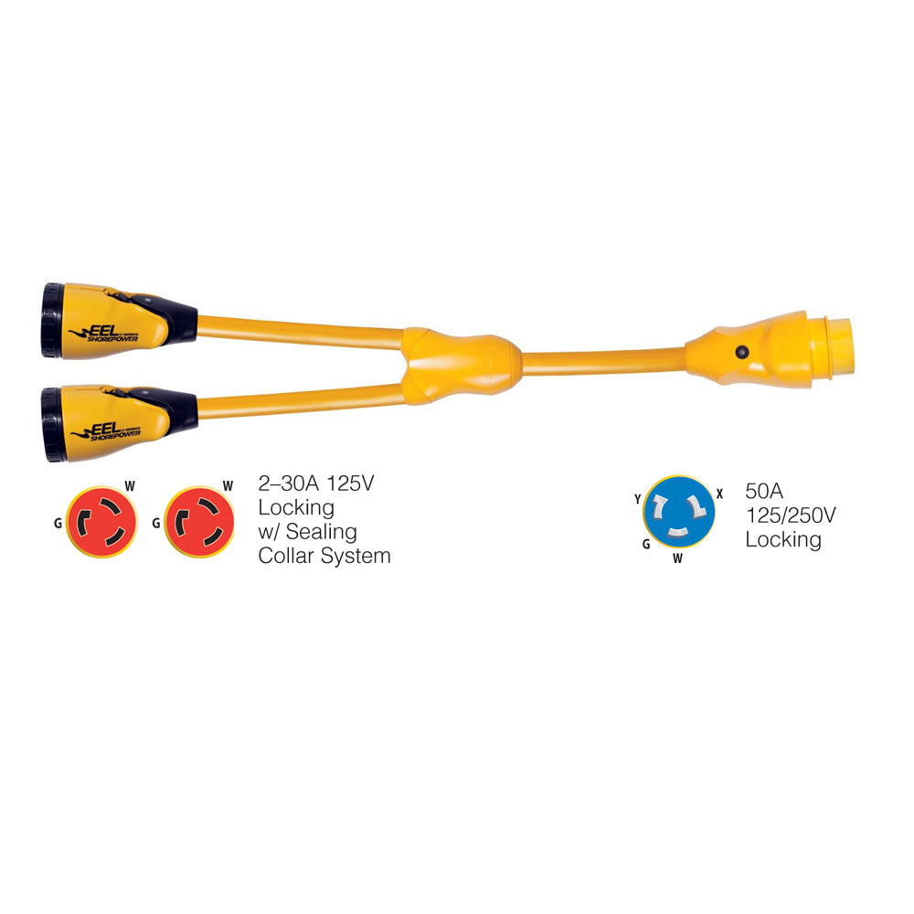 Marinco Y504-2-30 EEL (2)-30A-125V Female to (1)50A-125/250V Male Y Adapter - Yellow | SendIt Sailing