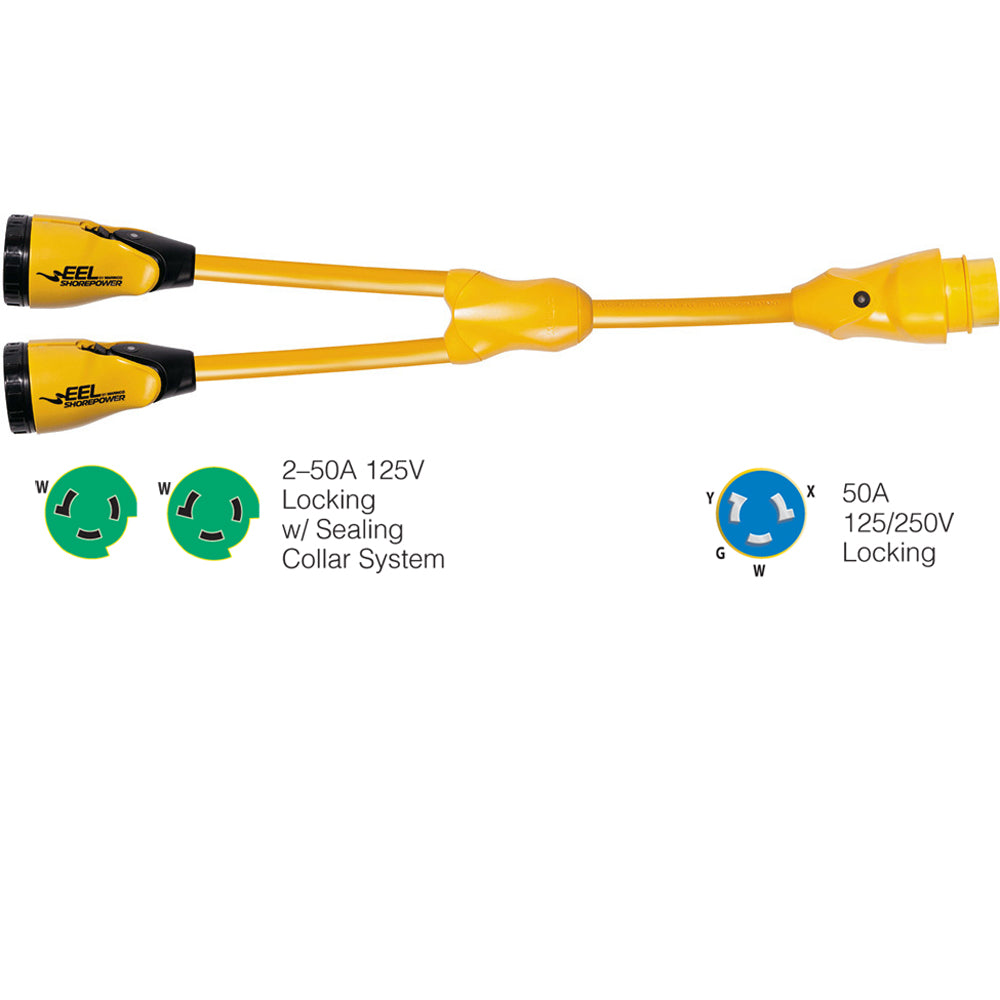 Marinco Y504-2-503 EEL (2)50A-125V Female to (1)50A-125/250V Male Y Adapter - Yellow | SendIt Sailing