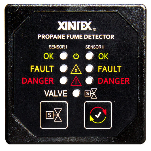 Fireboy-Xintex Propane Fume Detector and Alarm with 2 Plastic Sensors and Solenoid Valve - Square Black Bezel Display | SendIt Sailing