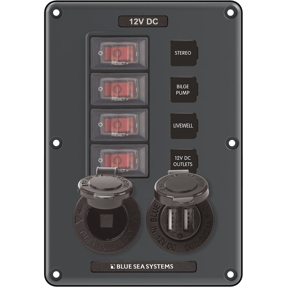Blue Sea 4321 Circuit Breaker Switch Panel 4 Position - Gray with 12V Socket &; Dual USB | SendIt Sailing