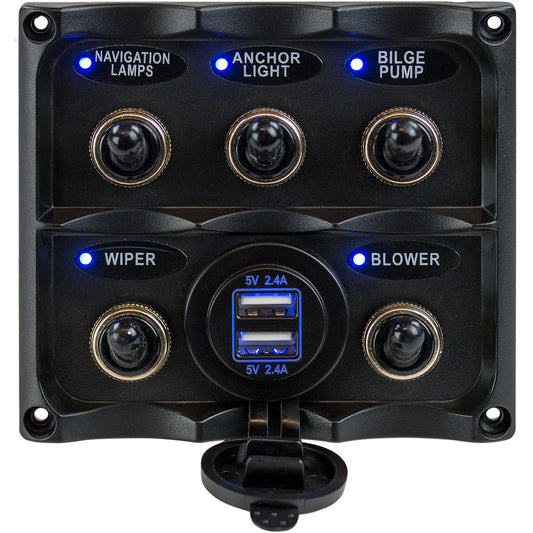 Sea-Dog Water Resistant Toggle Switch Panel with USB Power Socket - 5 Toggle | SendIt Sailing