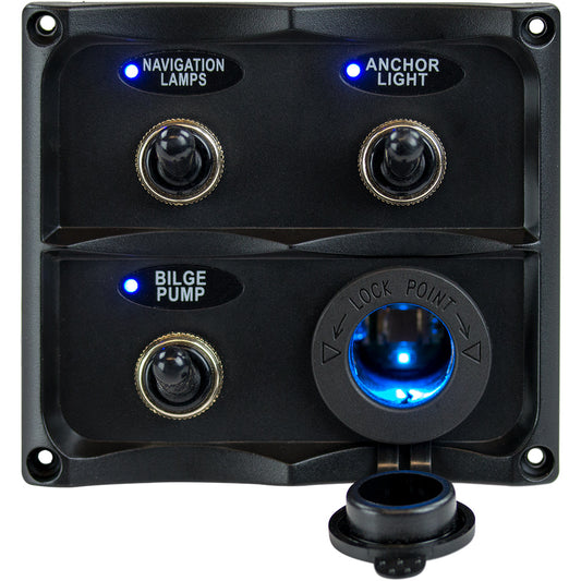 Sea-Dog Water Resistant Toggle Switch Panel with LED Power Socket - 3 Toggle | SendIt Sailing