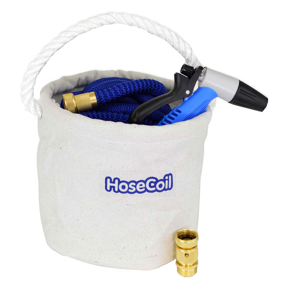 HoseCoil Canvas Bucket with 75 Expandable Hose, Rubber Tip Nozzle & Quick Release | SendIt Sailing