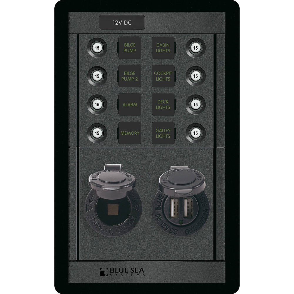 Blue Sea 1498 - 360 Panel - 8 Position 12V Panel with Dual USB and 12V Socket | SendIt Sailing