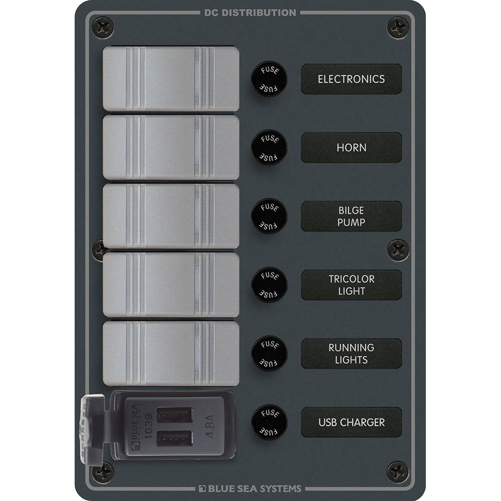 Blue Sea 8121 - 5 Position Contura Switch Panel with Dual USB Chargers - 12/24V DC - Black | SendIt Sailing