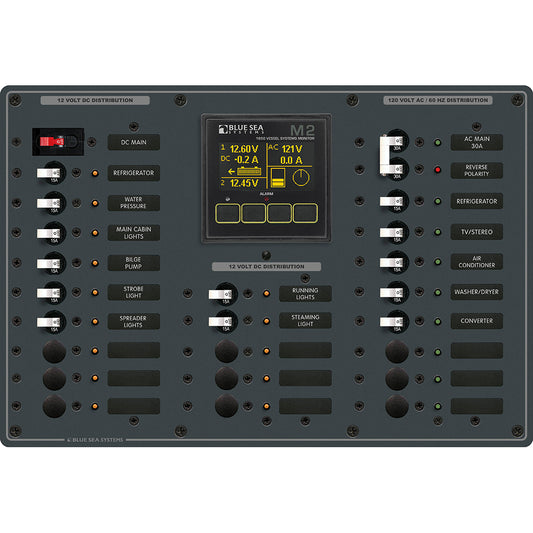 Blue Sea 8413 - Metal AC/DC Panel with M2 Vessel Systems Monitor &; 22 Circuit Breakers (15A) | SendIt Sailing