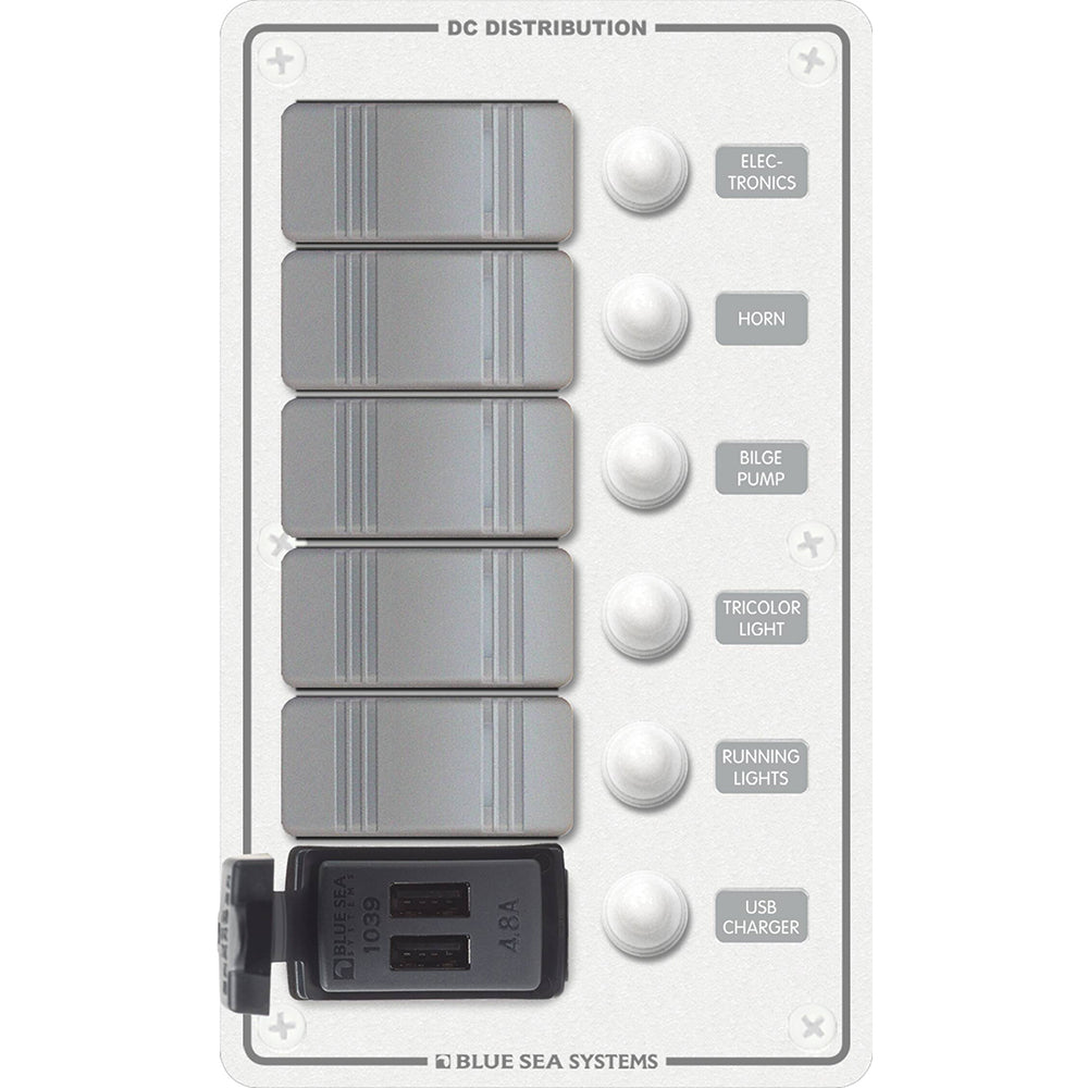 Blue Sea 8421 - 5 Position Contura Switch Panel with Dual USB Chargers - 12/24V DC - White | SendIt Sailing