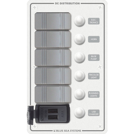 Blue Sea 8421 - 5 Position Contura Switch Panel with Dual USB Chargers - 12/24V DC - White | SendIt Sailing