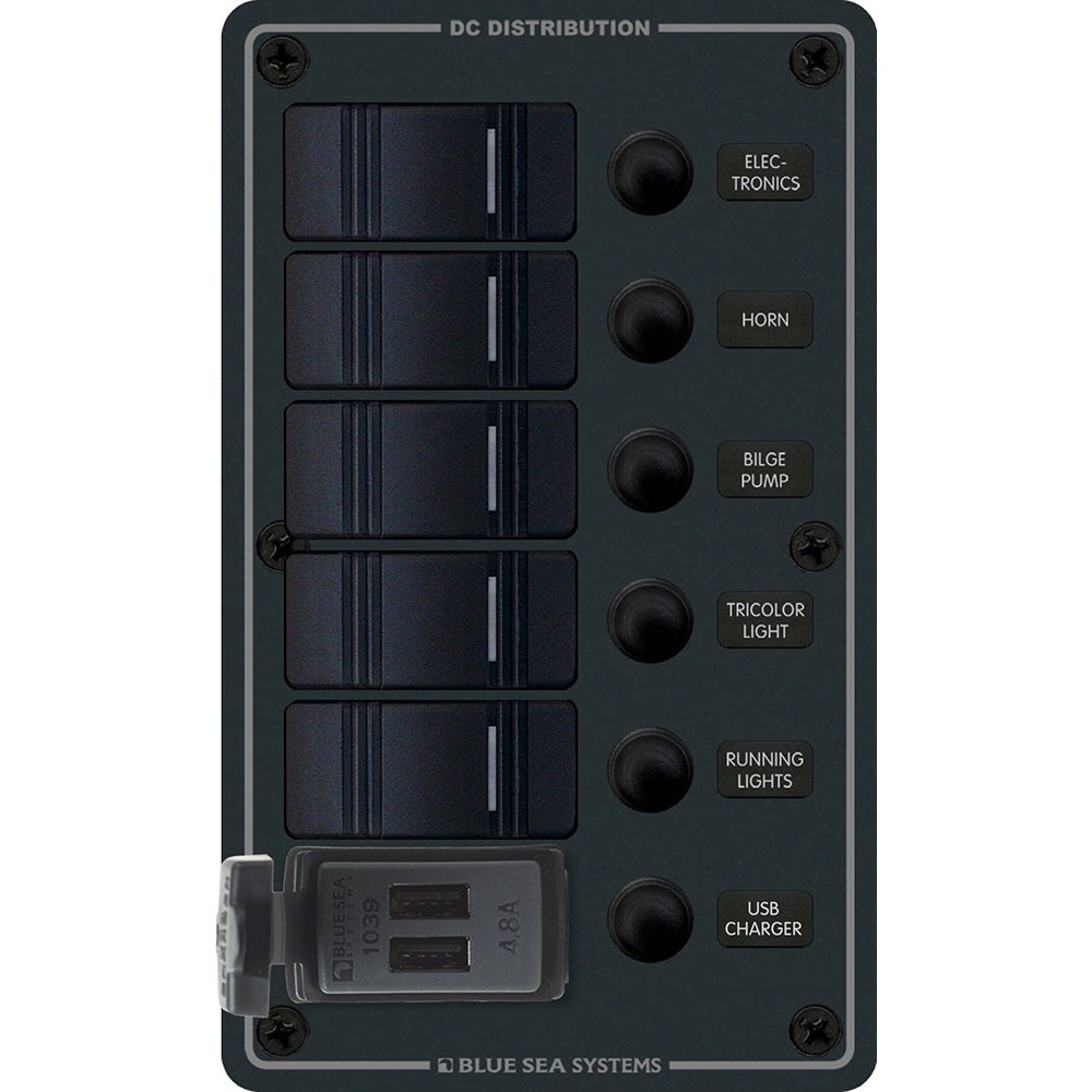 Blue Sea 8521 - 5 Position Contura Switch Panel with Dual USB Chargers - 12/24V DC - Black | SendIt Sailing